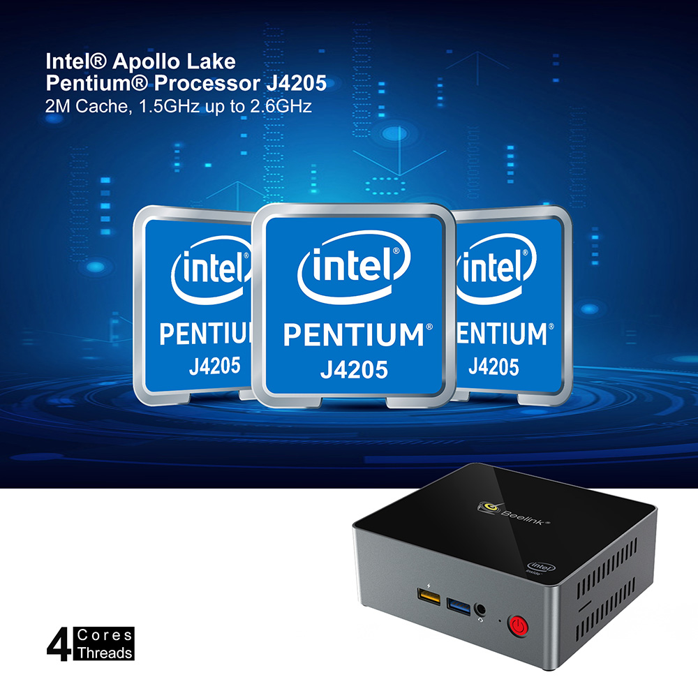 Beelink J45 Mini PC Intel Apollo Lake Pentium J4205 / 2.4GHz + 5.8GHz WiFi / BT4.0 / Support 4K H.265 - Black 8GB + 128GB US Plug