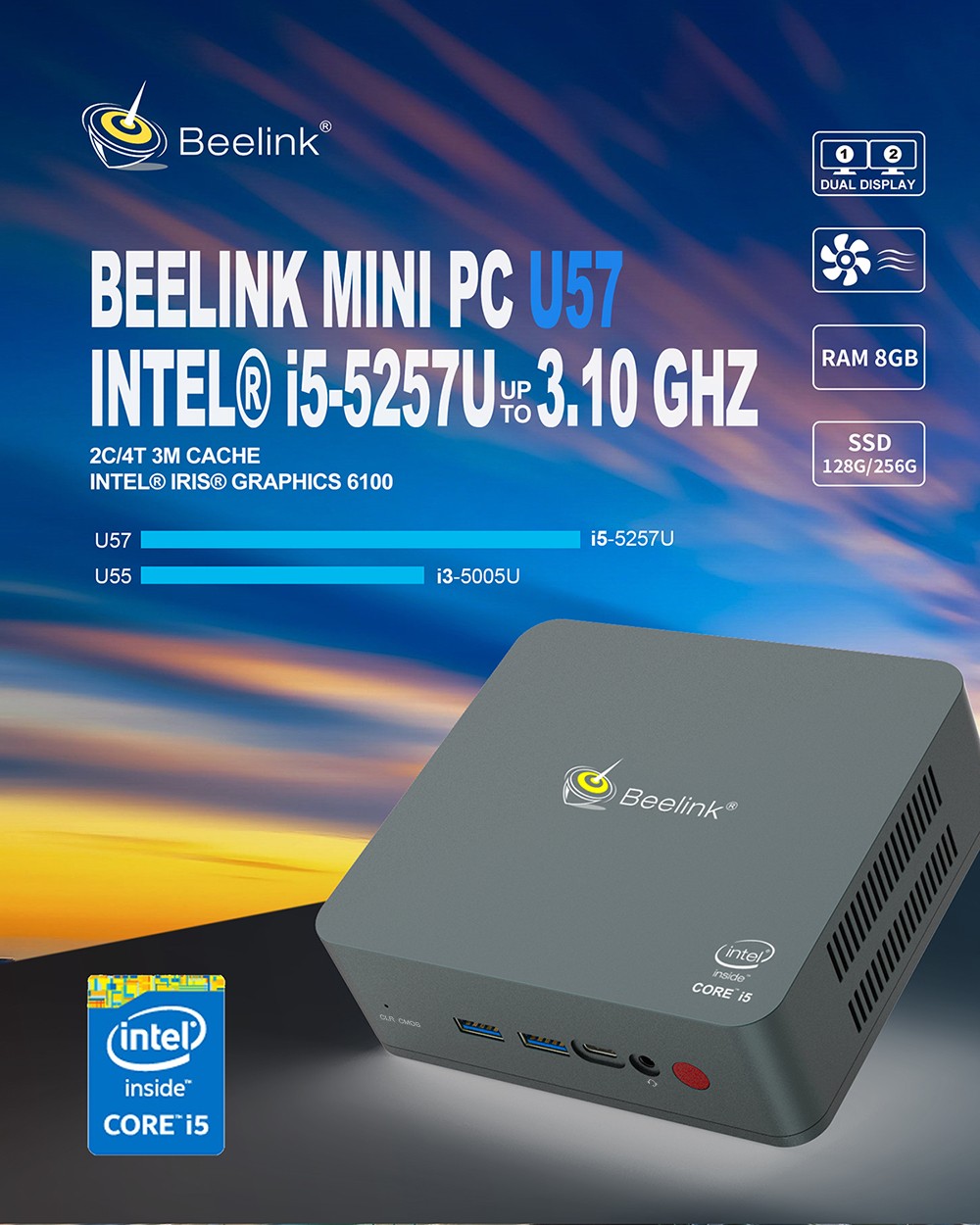 Beelink U57 Dual HDMI Mini PC - Gray 8GB RAM + 256GB ROM EU Plug