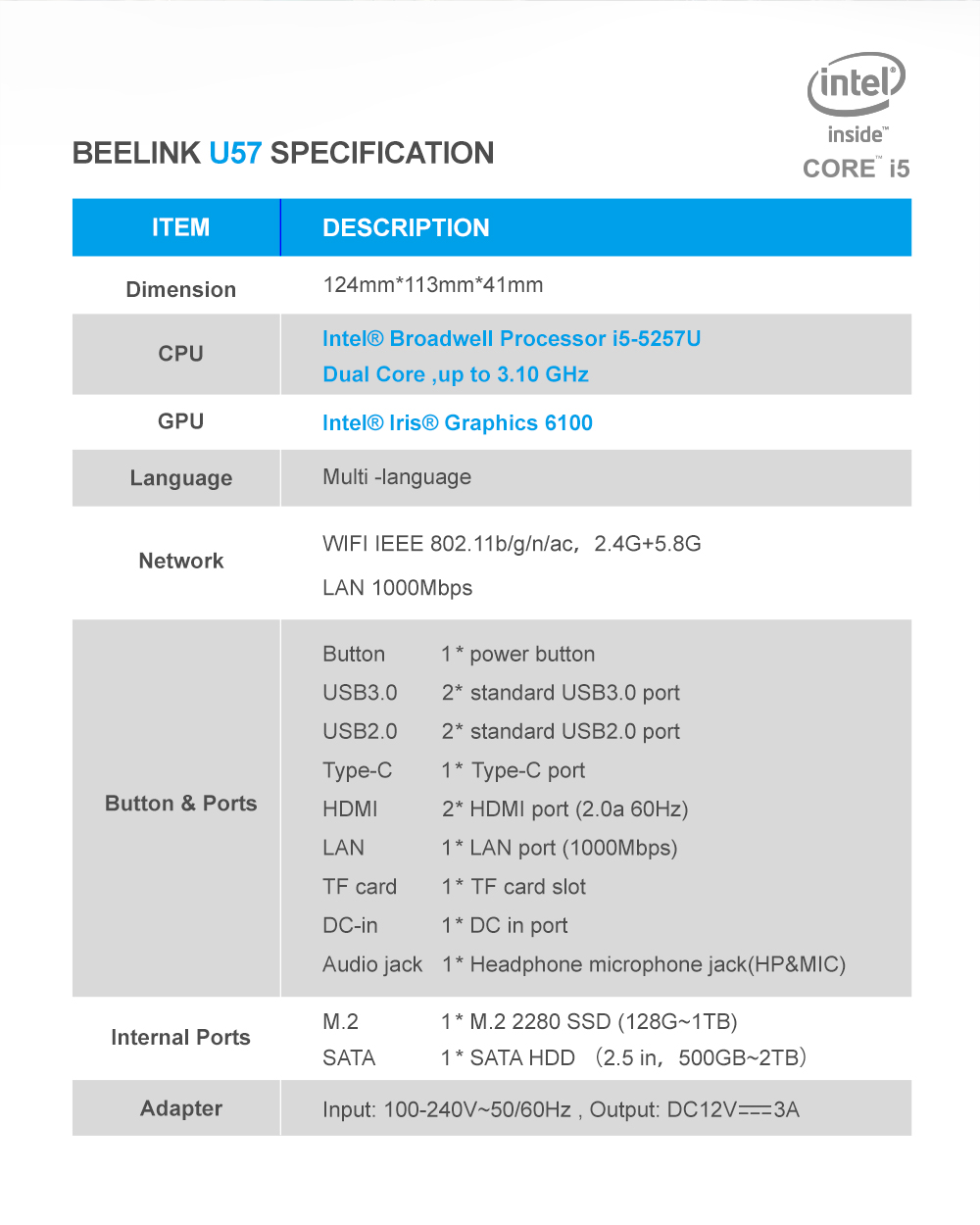 Beelink U57 Dual HDMI Mini PC - Gray 8GB RAM + 256GB ROM EU Plug